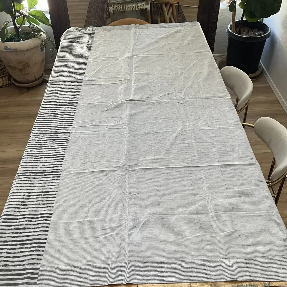 4 CB2 Block Printed Stripe Panel Gray Linen Blend Curtains 48